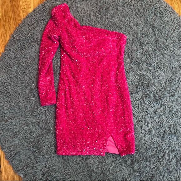 Zapaka One Shoulder Glitter Sequins Barbie Party Mini Dress - Picture 2 of 6